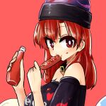  1girl bangs black_shirt breasts clothes_writing collar eating eyebrows_visible_through_hair food food_on_face hair_between_eyes hecatia_lapislazuli highres ise_corridor ketchup large_breasts looking_at_viewer off-shoulder_shirt off_shoulder polos_crown red_background red_eyes red_hair sausage shirt simple_background solo t-shirt touhou upper_body 