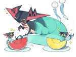  aru_(citrine_drplt) bite_mark closed_eyes closed_mouth commentary_request dragapult dreepy eating highres looking_down no_humans notice_lines open_mouth plate pokemon pokemon_(creature) sparkle tongue watermelon_slice white_background 