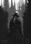  belt bloodborne building castle coat from_behind gloves greyscale gun hat highres holding holding_weapon hunter_(bloodborne) monochrome ponytail saw_cleaver signature solo standing tripdancer weapon 