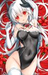  areola_slip areolae arm_up armpits bangs bare_shoulders black_swimsuit blush breasts cleavage covered_navel dragon_girl dragon_horns elbow_gloves eyebrows_visible_through_hair fate/grand_order fate_(series) flower gloves highres horns kiyohime_(fate) kiyohime_(swimsuit_lancer)_(fate) large_breasts long_hair looking_at_viewer lying morizono_shiki on_back one-piece_swimsuit parted_lips petals red_eyes smile swimsuit thighhighs thighs white_gloves white_hair white_legwear 