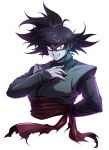  1boy black_hair dragon_ball dragon_ball_super earrings evil_grin evil_smile goku_black grin highres jewelry long_sleeves looking_at_viewer male_focus messy_hair potara_earrings red_eyes red_sash ring sash simple_background sm318 smile solo upper_body white_background 