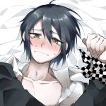  1boy ahoge bangs bed_sheet black_jacket black_scarf blush bound bound_wrists brown_eyes checkered checkered_scarf collarbone collared_shirt danganronpa_(series) danganronpa_v3:_killing_harmony eyebrows_visible_through_hair hair_between_eyes jacket long_sleeves looking_at_viewer lying male_focus open_clothes open_jacket open_shirt saihara_shuuichi scarf scarf_removed shiny shiny_hair shirt solo sumika_(rrz03) tearing_up tears teeth upper_body white_scarf white_shirt 