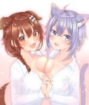  2girls :3 :d ahoge animal_ear_fluff animal_ears asymmetrical_docking bangs blush bone_hair_ornament braid breast_press breasts brown_eyes brown_hair cartoon_bone cat_ears cat_girl cat_tail collarbone collared_shirt crossed_bangs diagonal_bangs diffraction_spikes dog_ears dog_girl dog_tail dress_shirt extra_ears eyebrows_visible_through_hair fang fangs fingernails from_above from_side hair_between_eyes hair_ornament hairclip hamura_hm highres holding_hands hololive interlocked_fingers inugami_korone long_hair long_sleeves looking_at_viewer looking_to_the_side medium_breasts multiple_girls nail_polish naked_shirt nekomata_okayu no_bra open_clothes open_mouth open_shirt orange_nails palms_together purple_eyes purple_hair purple_nails shirt short_hair simple_background skin_fang skin_fangs slit_pupils smile tail upper_body virtual_youtuber white_shirt wing_collar 