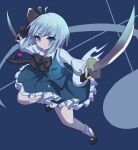  1girl absurdres bangs black_bow black_bowtie black_footwear black_ribbon blue_background blue_eyes bow bowtie closed_mouth eyebrows_visible_through_hair flower full_body ghost green_skirt green_vest grey_hair hair_ribbon highres holding holding_sword holding_weapon konpaku_youmu konpaku_youmu_(ghost) long_sleeves looking_at_viewer multiple_swords one-hour_drawing_challenge pink_flower ribbon shirt short_hair skirt solo subaru_(subachoco) sword touhou v-shaped_eyebrows vest weapon white_legwear white_shirt 