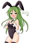  1girl animal_ears artist_logo bare_shoulders black_legwear black_leotard black_necktie blush breasts covered_navel cowboy_shot dated detached_collar embarrassed green_eyes green_hair highleg highleg_leotard highres kantai_collection kotowari_(newtype_kenkyuujo) leotard long_hair looking_at_viewer nagatsuki_(kancolle) necktie nose_blush one-hour_drawing_challenge playboy_bunny rabbit_ears rabbit_tail small_breasts solo strapless strapless_leotard tail thighhighs twitter_username wrist_cuffs 