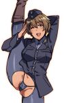  1girl arm_behind_head bangs black_jacket blue_legwear blue_panties boots brave_witches brown_eyes brown_footwear brown_hair cameltoe commentary_request em_(totsuzen_no_hakike) eyebrows_visible_through_hair jacket long_sleeves looking_at_viewer military military_uniform one_eye_closed open_mouth panties pantyhose salute short_hair simple_background smile solo split standing standing_on_one_leg standing_split torn_clothes torn_legwear underwear uniform waltrud_krupinski white_background world_witches_series 