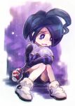  1boy ahoge allister_(pokemon) bangs black_hair chiimako commentary_request full_body holding holding_mask holster long_sleeves looking_down male_focus mask poke_ball poke_ball_(basic) pokemon pokemon_(game) pokemon_swsh purple_eyes shirt shoes short_hair shorts sitting solo sweat white_footwear 