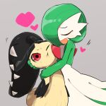  2girls arms_at_sides bangs black_hair black_skin blunt_bangs blush carrying cheek_squash closed_eyes closed_mouth colored_skin commentary enden_(pixiv_57969220) flat_chest gardevoir green_hair green_skin grey_background hair_over_one_eye hand_on_another&#039;s_cheek hand_on_another&#039;s_face happy heart highres hug long_hair mawile motion_lines multicolored_skin multiple_girls one_eye_closed open_mouth pokemon pokemon_(creature) red_eyes sharp_teeth shiny shiny_hair shiny_skin short_hair smile standing sweat teeth two-tone_skin very_long_hair white_skin yellow_skin yuri 