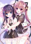  2girls :d absurdres animal_ears black_dress black_hair blue_eyes bow brown_bow brown_hair cat_ears cat_girl cat_tail collared_shirt commentary_request cover cover_page dress fang frilled_dress frills hair_bow highres hug hug_from_behind multiple_girls open_mouth original puffy_short_sleeves puffy_sleeves purple_eyes see-through see-through_sleeves shirt shiwasu_horio short_sleeves smile star_(symbol) tail twintails white_shirt 