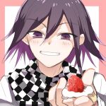  1boy bangs blush checkered checkered_neckwear checkered_scarf colored_inner_hair danganronpa_(series) danganronpa_v3:_killing_harmony eyebrows_visible_through_hair food food_on_hand fruit grey_jacket grin hair_between_eyes jacket looking_at_viewer male_focus multicolored_hair ouma_kokichi pink_background portrait purple_hair scarf shiny shiny_hair smile strawberry sumika_(rrz03) white_background 