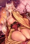  1girl animal_ear_fluff animal_ears bangs bare_shoulders blush branch breast_slip breasts cherry_blossoms closed_mouth collarbone comic_bavel eyebrows_visible_through_hair flower fox_ears fox_tail hair_between_eyes hair_ornament hair_stick half-closed_eyes hand_to_own_mouth highres japanese_clothes kimono kitsune lamppost large_breasts long_hair long_sleeves looking_at_viewer nipples no_bra no_panties non-web_source obi one_breast_out original petals pink_flower sash seiza shiokonbu sidelocks silver_hair sitting smile solo spring_(season) tail tree very_long_hair white_tail wide_sleeves yellow_eyes 