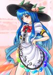  1girl black_headwear blue_hair commentary_request covered_navel cowboy_shot food fruit hand_on_hip hat hinanawi_tenshi holding holding_weapon keystone long_hair looking_at_viewer mail_(mail_gell) peach puffy_short_sleeves puffy_sleeves rainbow_order red_eyes shirt shoes short_sleeves skirt solo standing sword sword_of_hisou touhou weapon white_shirt white_skirt 