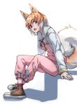  1girl :o alternate_costume animal_ear_fluff animal_ears brown_eyes commentary crossed_ankles dog_(shiba_inu)_(kemono_friends) dog_ears dog_girl dog_tail drawstring extra_ears eyebrows_visible_through_hair full_body highres hood hood_down hoodie kemono_friends long_sleeves looking_at_viewer multicolored_hair open_mouth orange_hair overalls pink_overalls short_hair simple_background sitting solo tail tanabe_(fueisei) two-tone_hair white_background white_hair white_hoodie 