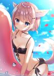  1girl ahoge animal_ears arknights ass bangs bikini black_bikini blue_eyes blue_sky blush breasts brown_hair choker cleavage cloud collarbone day eyebrows_visible_through_hair fox_ears fox_girl fox_tail front-tie_bikini front-tie_top hair_between_eyes hair_ornament hairclip highres looking_at_viewer miwa_uni ocean outdoors short_hair side-tie_bikini sky small_breasts smile solo sussurro_(arknights) swimsuit tail 