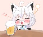  1girl :d =_= ahoge alcohol animal_ear_fluff animal_ears bangs beer beer_mug blue_neckwear blush braid brown_background chibi closed_eyes commentary_request cup detached_sleeves ear_piercing eyebrows_visible_through_hair foam_mustache fox_ears hair_between_eyes highres holding holding_cup hololive long_sleeves mug open_mouth piercing rururaroru shirakami_fubuki simple_background smile solo virtual_youtuber white_hair white_sleeves wide_sleeves 