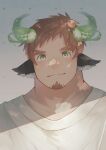  1boy absurdres animal_ears bara brown_hair closed_mouth cow_boy cow_ears facial_hair fiery_horns forked_eyebrows glowing_horns goatee green_eyes highres horns kauri097 looking_at_viewer male_focus shirt short_hair simple_background smile solo tokyo_afterschool_summoners upper_body wakan_tanka white_shirt 