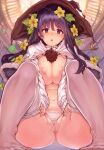  1girl :&lt; :o bangs black_hair blush book bookshelf breasts capelet cleavage commentary_request crescent crescent_moon eyebrows_visible_through_hair flower flower_wreath fur_trim hair_between_eyes hair_flower hair_ornament hat highres large_breasts long_hair long_sleeves looking_at_viewer melonbooks moon navel nipples no_pants no_shoes non-web_source open_mouth original panties partially_visible_vulva potion purple_eyes purple_hair pussy_juice shiokonbu sitting solo spread_legs underwear vial white_legwear white_panties witch_hat 
