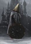  1boy alfred_(bloodborne) artist_name blood blood_on_clothes bloodborne cape castle cloak copyright_name full_body gloves gun helmet highres holding holding_weapon logarius_wheel male_focus snow solo standing tripdancer weapon 