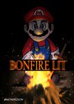  1boy bangs black_background black_hair blue_eyes blurry blurry_foreground bonfire brown_footwear commentary_request crossover dark_souls_(series) facial_hair fire gloves hat highres looking_at_viewer male_focus mario mario_(series) mustache nichigeckoh overalls red_headwear red_shirt shirt short_hair solo super_smash_bros. 