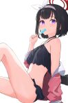  1girl ace_kin bad_id bad_pixiv_id bangs bare_legs bare_shoulders bikini black_bikini black_choker black_hair blue_archive bow breasts choker collarbone dutch_angle eyebrows_visible_through_hair feet_out_of_frame food food_in_mouth hair_bow hairband halter_top halterneck hand_up highres holding holding_food ice_cream jacket light_blush long_sleeves looking_at_viewer mashiro_(blue_archive) navel off_shoulder open_clothes open_jacket pink_jacket popsicle purple_eyes short_hair simple_background sitting small_breasts smile solo stomach swimsuit white_background white_bow white_hairband 