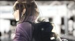  1girl absurdres backpack bag bangs black_bag blurry blurry_background brown_eyes brown_hair chromatic_aberration commentary english_commentary eyebrows_visible_through_hair highres long_hair looking_away maeda_mic original portrait purple_sweater signature solo sweater zipper_pull_tab 