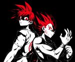  2boys black_background blood blood_on_face dragon_ball dragon_ball_super limited_palette looking_at_viewer male_focus multiple_boys parted_lips putting_on_gloves red_eyes red_hair simple_background sm318 son_goku spiked_hair spot_color super_saiyan super_saiyan_god vegeta 