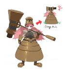  1girl armor arrow_(symbol) bangs blush cannon commentary_request copyright_request english_text eyebrows_visible_through_hair full_body gauntlets grass grin hammer helm helmet highres holding holding_hammer holding_weapon jason_kim juliet_sleeves long_hair long_sleeves looking_at_viewer multiple_views over_shoulder pink_hair puffy_sleeves red_eyes simple_background sketch smile teeth twintails weapon weapon_over_shoulder white_background 