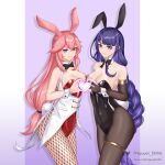  2girls alternate_costume animal_ears bangs bare_shoulders black_bow black_bowtie black_legwear blush bow bowtie braid braided_ponytail breasts cleavage collarbone dm_(nguyen_dm95) embarrassed english_text eyebrows_visible_through_hair fake_animal_ears fishnet_legwear fishnets genshin_impact hair_between_eyes heart heart_hands heart_hands_duo large_breasts long_hair looking_at_viewer mitsudomoe_(shape) multiple_girls pink_hair pixiv_id playboy_bunny purple_background purple_eyes purple_hair rabbit_ears rabbit_tail raiden_shogun smile standing striped striped_background tail thigh_strap thighs tomoe_(symbol) twitter_username upper_body v-shaped_eyebrows wrist_cuffs yae_(genshin_impact) 