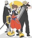  3boys blonde_hair blue_eyes brown_hair buster_sword cloud_strife final_fantasy final_fantasy_vii final_fantasy_vii_advent_children fingerless_gloves full_body gloves hood jewelry jjn_ff7 keyblade kingdom_hearts kingdom_key male_focus masamune_(ffvii) multiple_boys necklace open_mouth sephiroth short_hair silver_hair simple_background smile sora_(kingdom_hearts) spiked_hair super_smash_bros. 