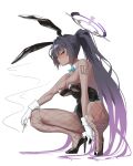  1girl absurdres animal_ears bare_shoulders between_legs black_hair black_leotard blue_archive blush bow bowtie breasts cigarette cleavage closed_mouth dark-skinned_female dark_skin detached_collar exia-eku1025 fake_animal_ears fishnet_legwear fishnets gloves hair_ribbon halo hand_between_legs hand_on_own_knee high_heels highres holding holding_cigarette holding_lighter karin_(blue_archive) large_breasts leotard lighter long_hair looking_at_viewer looking_down looking_to_the_side multicolored_hair playboy_bunny purple_hair ribbon sidelocks smoke solo squatting strapless strapless_leotard streaked_hair thighs two_side_up very_long_hair white_gloves yellow_eyes 