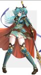  1girl absurdres alternate_costume alternate_hairstyle aqua_dress aqua_eyes aqua_hair arm_up armor armored_boots armored_dress ass_visible_through_thighs bangs belt boots breastplate brown_belt brown_gloves cape closed_mouth commentary cosplay dress earrings eirika_(fire_emblem) ephraim_(fire_emblem) ephraim_(fire_emblem)_(cosplay) fire_emblem fire_emblem:_the_sacred_stones fire_emblem_heroes floating_hair full_body gloves gonzarez hair_between_eyes hair_ornament highres holding holding_polearm holding_weapon jewelry long_hair long_sleeves looking_at_viewer official_alternate_costume polearm ponytail red_cape shiny shiny_hair short_dress shoulder_armor sidelocks skindentation smile solo spear thighhighs thighs weapon weapon_behind_back white_legwear zettai_ryouiki 