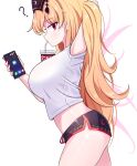  1girl ? arm_up armpits arms_behind_back bangs black_headwear black_shorts blonde_hair bow breasts bubble_tea_challenge cellphone closed_mouth crescent crescent_print drink drinking earrings eyebrows_visible_through_hair gradient gradient_hair hair_between_eyes hands_up hat highres jewelry junko_(touhou) large_breasts long_hair multicolored_hair orange_hair phoenix_crown phone pom_pom_(clothes) red_bow red_eyes red_nails shirt short_shorts shorts simple_background sleeveless smartphone solo sseopik t-shirt thighs touhou walking white_background white_shirt 