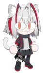  &lt;|&gt;_&lt;|&gt; 1girl :3 ahoge alternate_tail animal_ears arknights black_footwear black_jacket black_legwear black_skirt cat_ears cat_girl cat_tail chibi commentary demon_horns full_body grey_hair grey_shirt highres horns izulizuru jacket kemonomimi_mode looking_at_viewer neco-arc open_clothes open_jacket orange_eyes pantyhose parody scar scar_on_arm shirt shoes short_sleeves simple_background skirt solo tail tsukihime w_(arknights) white_background 