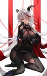  1girl :d aegir_(azur_lane) azur_lane bangs bare_shoulders black_gloves black_legwear black_skirt bodystocking breast_curtains breasts corset covered_navel cross earrings elbow_gloves eyebrows_visible_through_hair gloves hair_between_eyes hand_on_own_face high-waist_skirt highres horns hwansang_jungdog impossible_clothes iron_cross jewelry large_breasts long_hair looking_at_viewer miniskirt multicolored_hair no_shoes open_mouth red_hair silver_hair single_earring sitting skirt smile solo streaked_hair thighhighs twitter_username two-tone_hair upskirt very_long_hair yellow_eyes yokozuwari 