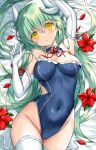  areola_slip areolae arm_up armpits bangs bare_shoulders blue_swimsuit blush breasts cleavage covered_navel dragon_girl dragon_horns elbow_gloves eyebrows_visible_through_hair fate/grand_order fate_(series) flower gloves green_hair highres horns kiyohime_(fate) kiyohime_(swimsuit_lancer)_(fate) large_breasts long_hair looking_at_viewer lying morizono_shiki on_back one-piece_swimsuit parted_lips petals swimsuit thighhighs thighs white_gloves white_legwear yellow_eyes 