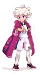  1boy ahoge bangs bede_(pokemon) blonde_hair chiimako coat collared_shirt commentary_request curly_hair eyelashes frown full_body gloves leggings male_focus open_clothes open_coat pokemon pokemon_(game) pokemon_swsh purple_coat purple_eyes shirt shoes short_hair shorts single_glove sleeves_rolled_up solo standing sweat watch white_legwear white_shirt white_shorts wristwatch 