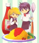  1boy 1girl apron bangs blonde_hair brown_apron buttons closed_mouth commentary_request food hand_on_hip holding holding_spoon interlocked_fingers ketchup_bottle long_hair miniboy minigirl omurice open_mouth own_hands_together pants pokemon pokemon_adventures ponytail red_(pokemon) shirt short_hair smile spoon tomato tongue waist_apron white_pants white_shirt yellow_(pokemon) yellow_eyes yui_ko 