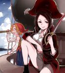  2girls bandana black_hair brown_eyes hat holding holding_sword holding_weapon idolmaster idolmaster_cinderella_girls kenrouhoro0 miniskirt multiple_girls open_mouth orange_hair pirate_costume pirate_hat ryuuzaki_kaoru ship short_hair sitting skirt smile standing sword teeth telescope tougou_ai upper_teeth watercraft weapon 