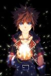  1boy absurdres belt black_background blue_eyes crown_(symbol) fingerless_gloves gloves highres hood hood_down hooded_jacket hoodie jacket jewelry kingdom_hearts kingdom_hearts_iii light light_particles necklace smile solo sora_(kingdom_hearts) spiked_hair super_smash_bros. upper_body xia_(ryugo) 