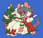  1girl animal_ears blue_background candy candy_cane christmas_tree eyebrows_visible_through_hair food gingerbread_man grey_hair highres hood hood_up knees_up looking_at_viewer mouse_ears original short_hair simple_background smile snowman solo soreeyu_(sore-yu) tail 