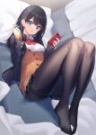  1girl black_hair black_jacket black_legwear black_skirt blazer blue_eyes bow breasts brown_cardigan cardigan cellphone collared_shirt commentary curtains dress_shirt dutch_angle earbuds earphones feet gridman_universe highres holding holding_phone indoors jacket legs long_hair long_sleeves looking_at_viewer lying medium_breasts no_shoes on_back open_clothes open_jacket pantyhose parted_lips phone pillow pleated_skirt red_bow ririko_(zhuoyandesailaer) shirt skirt sleeves_past_wrists solo ssss.gridman takarada_rikka thighband_pantyhose white_shirt 