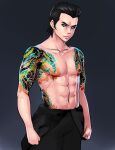  1boy abs black_background black_hair black_pants blue_eyes clenched_hands cowboy_shot erkaz gradient gradient_background hair_slicked_back highres irezumi looking_at_viewer male_focus muscular muscular_male navel original pants pectorals short_hair solo tattoo topless_male yakuza 