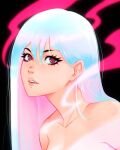  1girl bangs bare_shoulders black_background blue_hair cesarmart colored_inner_hair fangs hair_behind_ear highres long_hair looking_at_viewer multicolored_hair original parted_lips photoshop_(medium) pink_hair portrait red_eyes shadow smile smoke solo spanish_commentary 