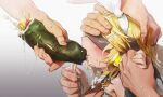  1girl bikkuuri_ottamageruta blindfold blonde_hair cum cum_in_mouth cum_on_food ehoumaki fellatio food hair_ornament hand_on_another&#039;s_chest hand_on_another&#039;s_head hetero holding_hands kagamine_rin makizushi multiple_boys oral out_of_frame restrained sailor_collar sexually_suggestive simulated_fellatio sushi vocaloid yellow_nails 