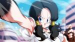  1girl armpits black_hair blue_eyes blue_sky breasts brown_gloves building closed_mouth day dragon_ball dragon_ball_z fingerless_gloves gloves looking_up low_twintails outdoors punching rom_(20) shirt sky solo twintails urban v-shaped_eyebrows videl white_shirt 