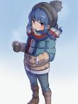  1girl :o bangs beanie black_headwear blue_hair blue_jacket blue_pants boots brown_footwear commentary_request cup denim eyebrows_visible_through_hair fringe_trim hand_in_pocket hat highres holding holding_cup jacket jeans knee_boots kuro_kosyou long_sleeves pants parted_lips purple_eyes scarf shima_rin short_eyebrows solo standing steam thick_eyebrows yurucamp 