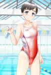  1girl absurdres black_hair blue_eyes breasts clothes_writing commentary_request competition_swimsuit cowboy_shot highres indoors lane_line looking_at_viewer one-piece_swimsuit original pool short_hair small_breasts solo standing string_of_flags swim_cap_removed swimsuit takafumi two-tone_swimsuit water white_headwear white_swimsuit 