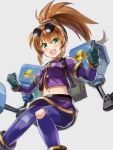  1girl :d breasts brown_hair edobox eyewear_on_head gloves green_eyes long_hair looking_at_viewer mechanical_arms navel open_mouth pantyhose ponytail precis_neumann simple_background skirt smile solo star_ocean star_ocean_the_second_story torn_clothes 