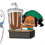  1girl 1other arung_samudra_(cessa) bendy_straw bespectacled black_hair cessa chocolate_milk counter cup dark-skinned_female dark_skin disposable_cup drinking_straw glasses iced_latte_with_breast_milk_(meme) lowres medium_hair meme ombok_diving_and_delivery_services oversized_food oversized_object parted_lips semi-rimless_eyewear simple_background smile sweatdrop twintails under-rim_eyewear white_background 