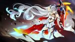 1girl absurdres armor bangs bare_shoulders blue_eyes boots breasts cape cleavage closed_mouth earrings gauntlets hair_between_eyes hair_ornament highres holding holding_sword holding_weapon honkai_(series) honkai_impact_3rd jewelry kiana_kaslana kiana_kaslana_(herrscher_of_flamescion) long_hair looking_at_viewer ponytail qingye_ling smile solo sword thigh_boots thighhighs torn_cape torn_clothes v-shaped_eyebrows very_long_hair weapon white_hair white_legwear 